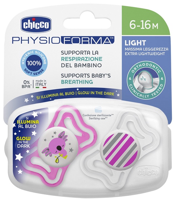 CHICCO SUCCHIETTO LIGHT LUMINOSO SILICONE 6-16 MESI 2 PEZZI - farmasorriso.com