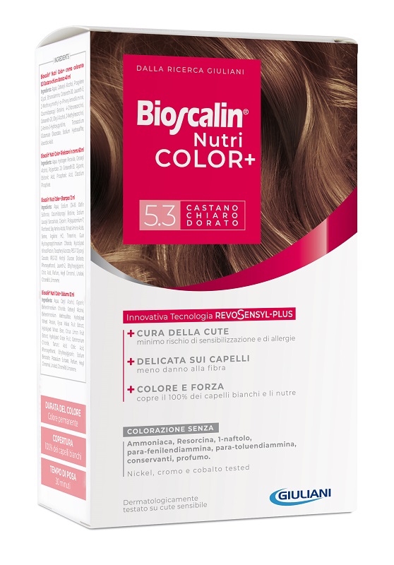 BIOSCALIN NUTRICOLOR PLUS 5,3 CASTANO CHIARO DORATO CREMA COLORANTE 40 ML + RIVELATORE CREMA 60 ML + SHAMPOO 12 ML + TRATTAMENTO FINALE BALSAMO 12 ML - farmasorriso.com