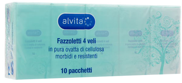 ALVITA FAZZOLETTI 4 VELI PURA OVATTA DI CELLULOSA 10 PACCHETTI - farmasorriso.com